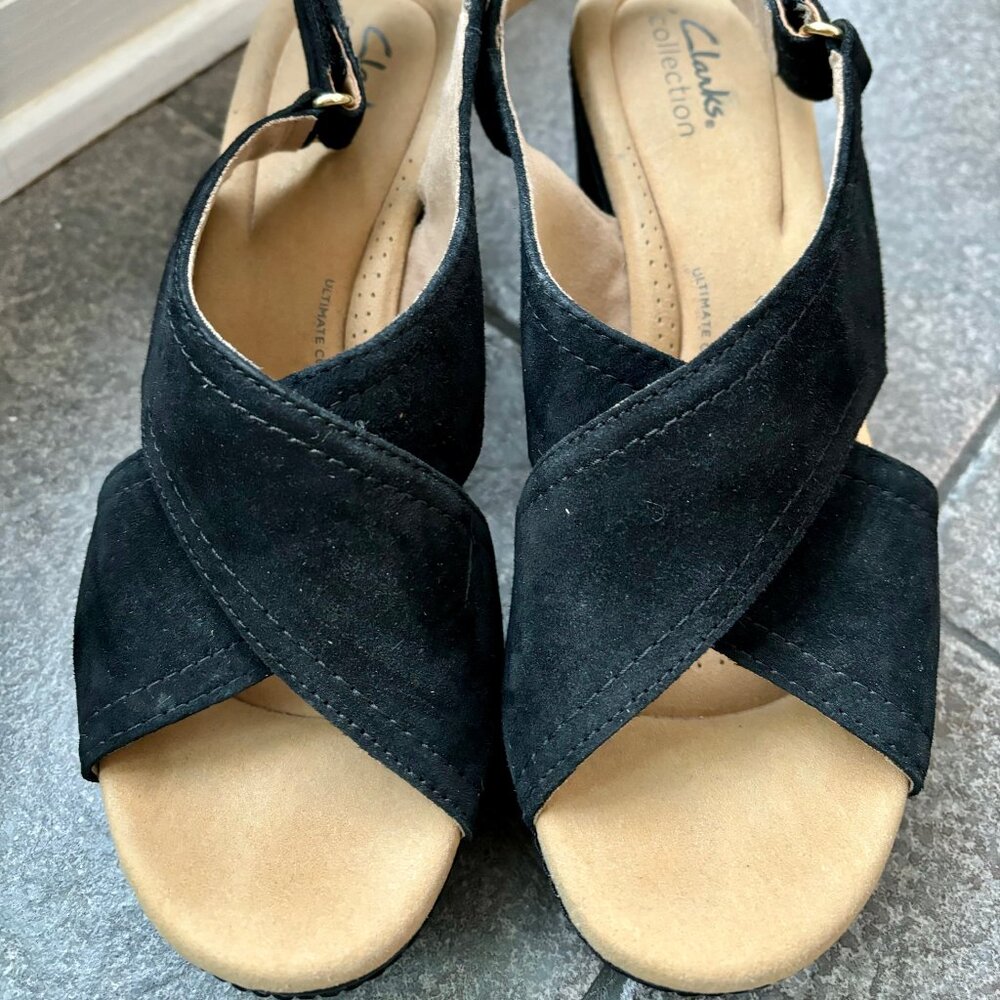 Clarks Maritsa Lara Wedge Sandals in black suede -- worn once!